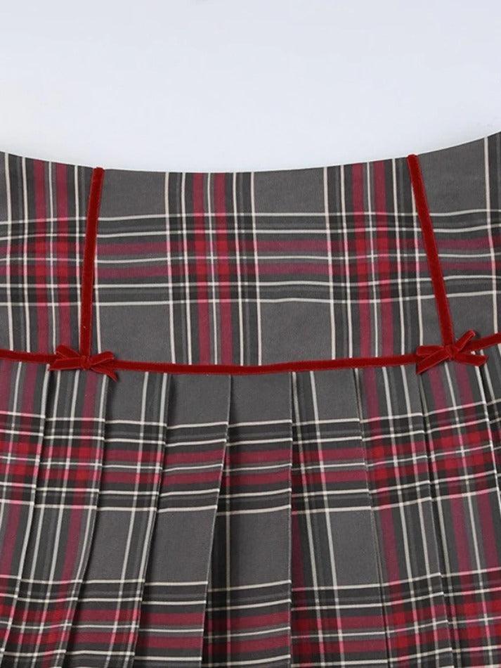 Hnewly - Vintage Plaid Print Bow Decor Pleated Low Rise Mini Skirt ddbos-shop