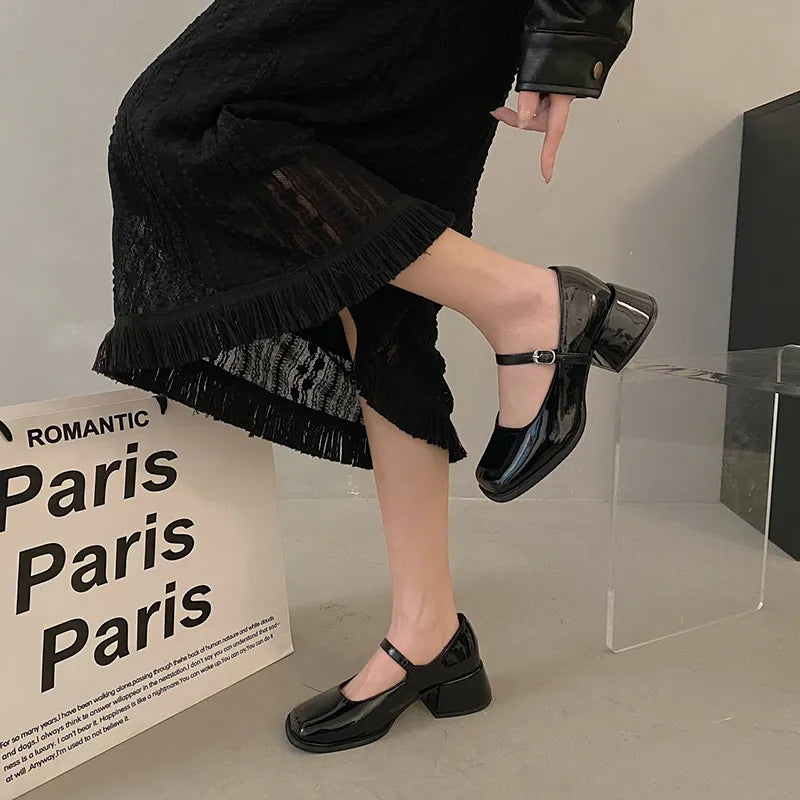 Hnewly Red Med Heels Mary Jane Shoes for Women Square Toe Ankle Buckle Pumps Woman Pu Leather Thick Heeled Party Shoes Ladies