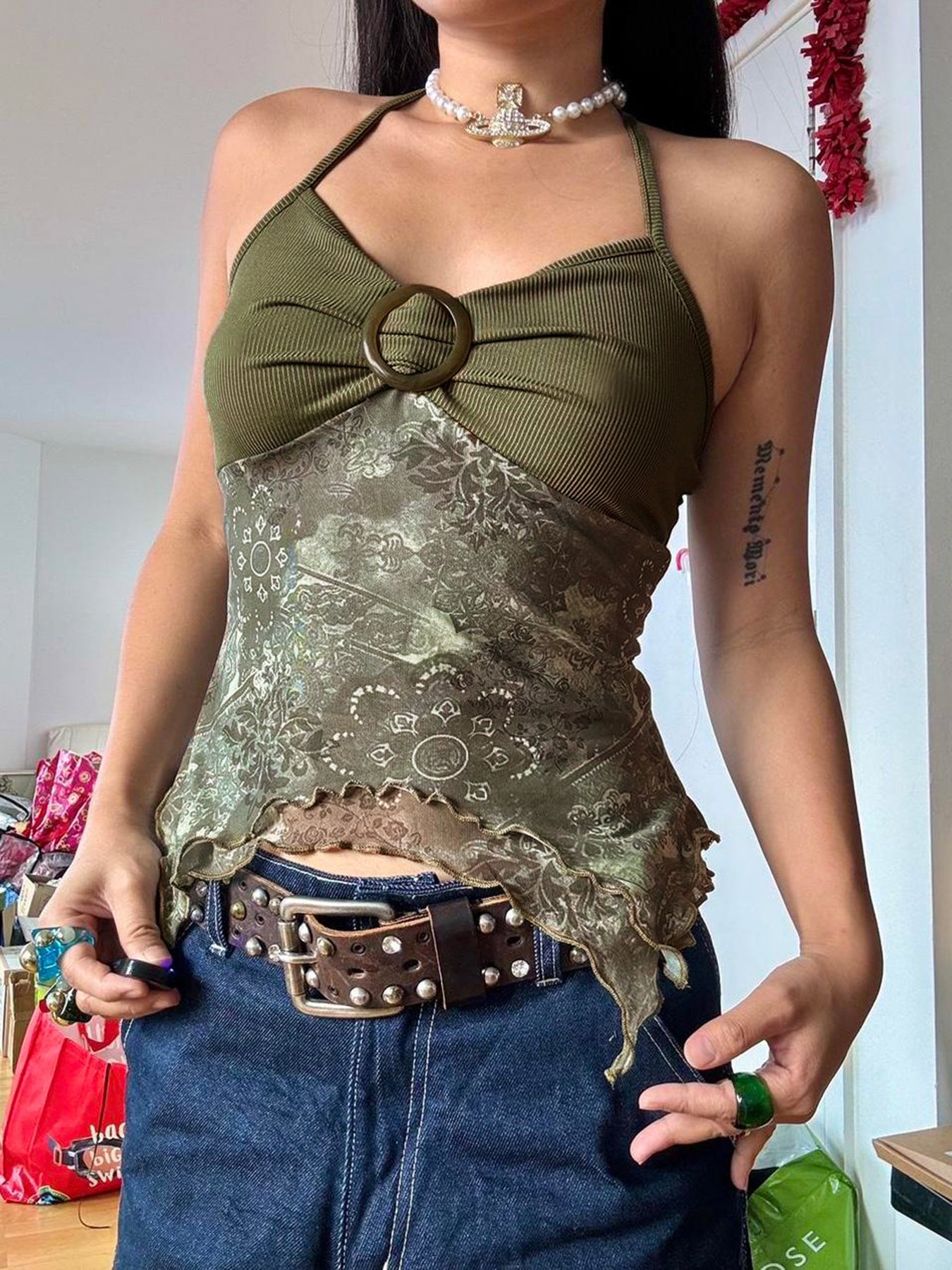 Hnewly - summer inspo Retro Forest Green Vintage Print Boho Y2K Camisole Backless Halter Tie Asymmetrical Tops Women Summer Vacation Clothing