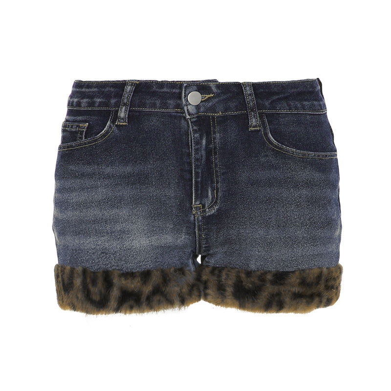 Hnewly - summer inspo Fashion Y2k Leopard Faux Fur Spliced Jean Shorts Women Chic Trendy Street Shorts Retro Exquisite
