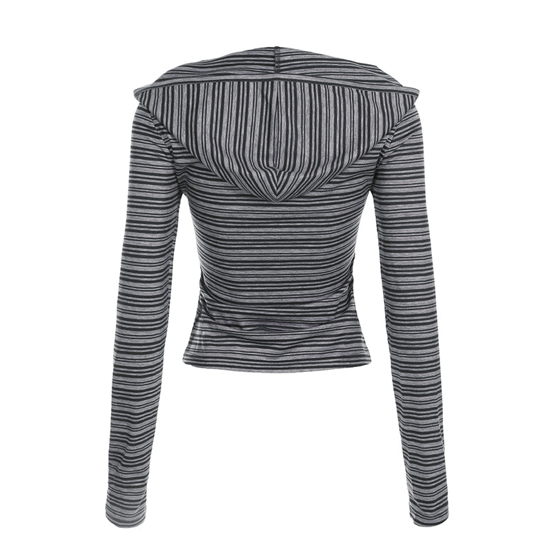 Hnewly - summer inspo Casual Striped Breasted Long Sleeve Hooded T-Shirts Women Design Slim Fit Simple Fashion Blouses
