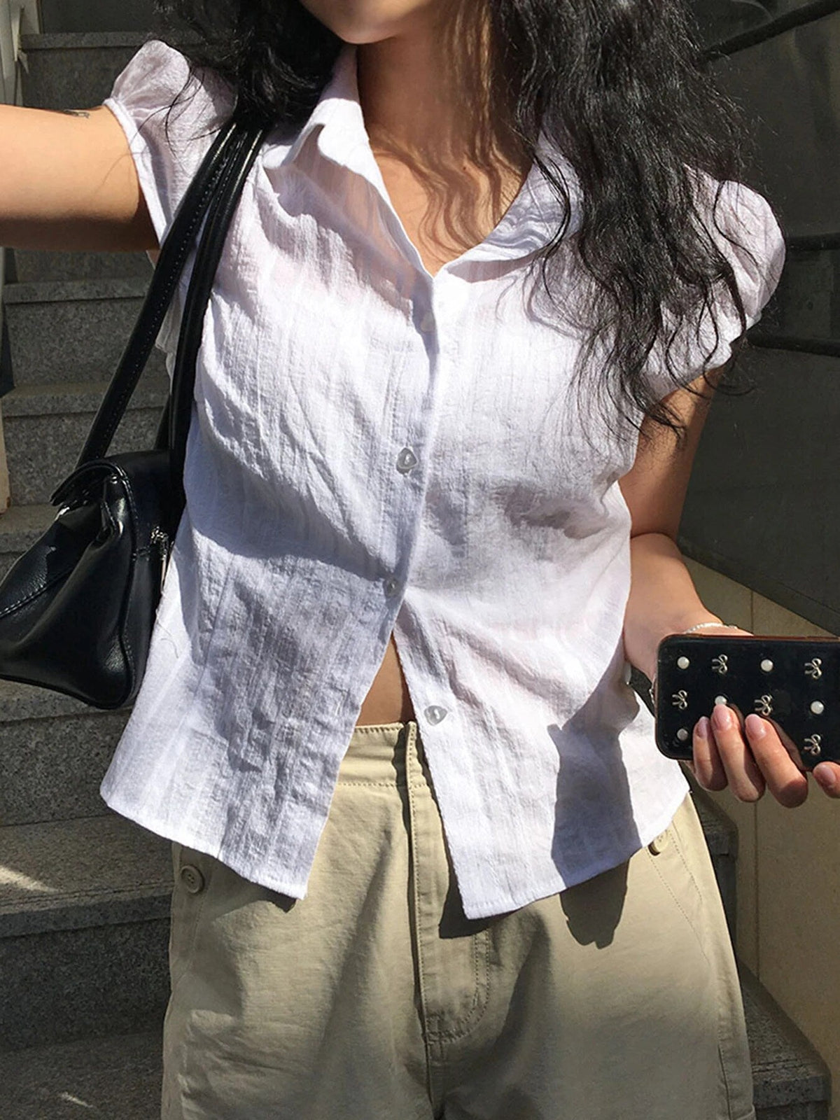 Hnewly - summer inspo White Solid Single Breasted Turn Down Collar Casual Shirts Women Simple Puff Sleeve Japanese Y2K Preppy Summer Tops