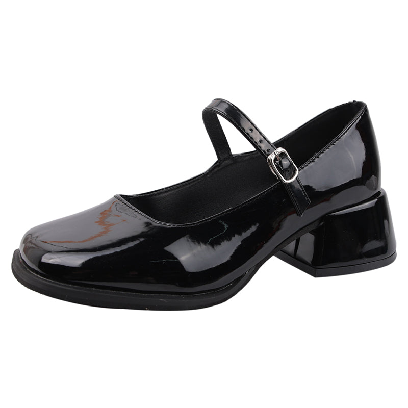 Hnewly Red Med Heels Mary Jane Shoes for Women Square Toe Ankle Buckle Pumps Woman Pu Leather Thick Heeled Party Shoes Ladies