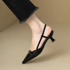 Hnewly New Summer Women's Dress Shoes Pointed Toe Sandals Buckle Slingbacks Mid Heels Pumps Patent Leather Slip on  Zapatos Mujer