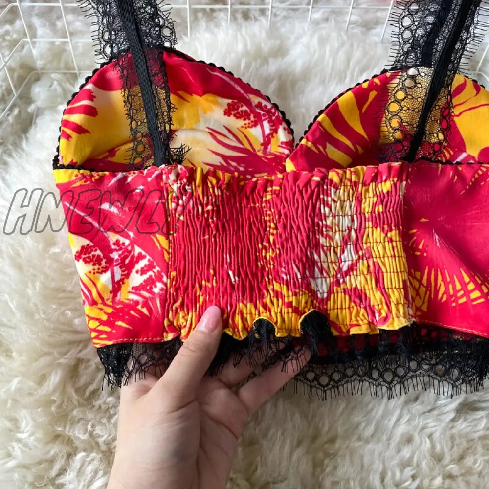 Bohemian Vacation Beach 2Pcs Set Women Floral Printed Short Strapless Tops And High Waist Pleated