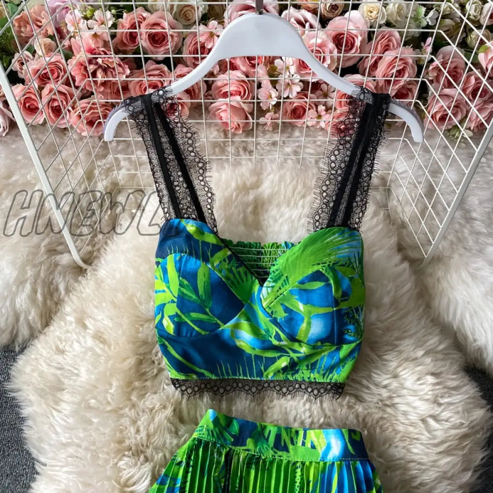 Bohemian Vacation Beach 2Pcs Set Women Floral Printed Short Strapless Tops And High Waist Pleated