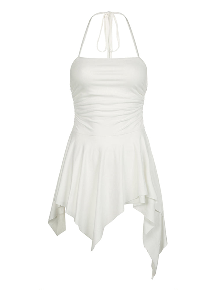 Hnewly - wedding guest outfit Backless Halter Lace Up Sexy Boho Asymmetrical Short Dress For Women Sleeveless Skinny A Line Rave Baddie Vacation Outfits