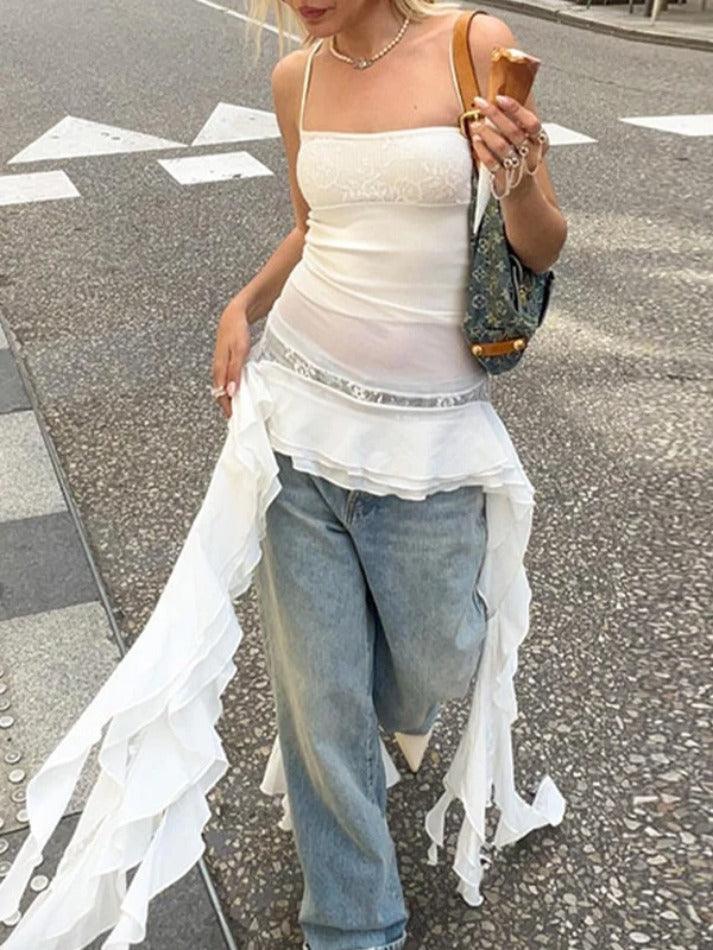 Hnewly Lace Splice Irregular Ruffled Hem Cami Top