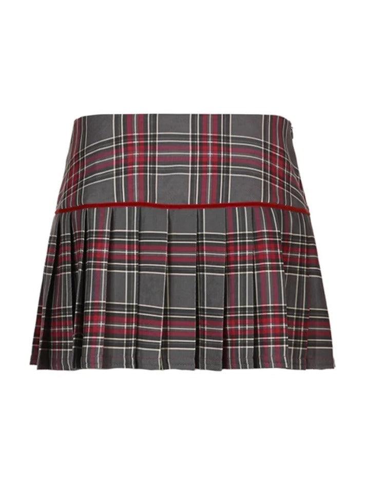 Hnewly - Vintage Plaid Print Bow Decor Pleated Low Rise Mini Skirt ddbos-shop