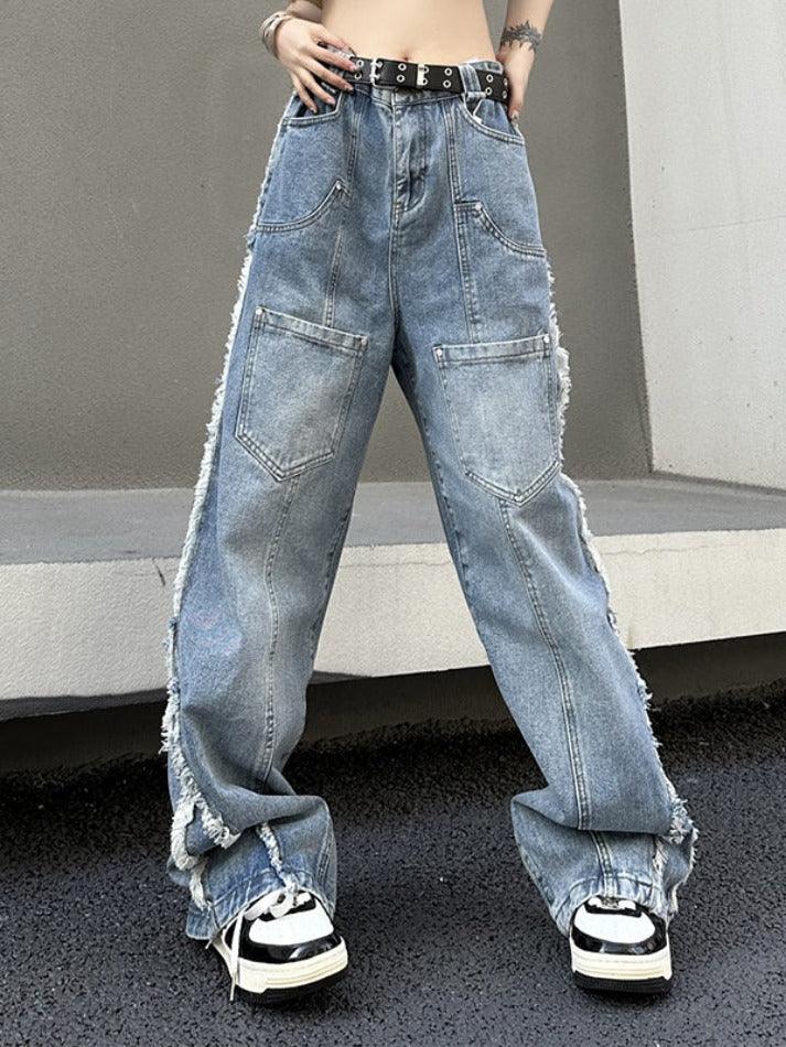 Hnewly - Vintage Multi Pocket Side Raw Trim Cargo Jeans ddbos-shop