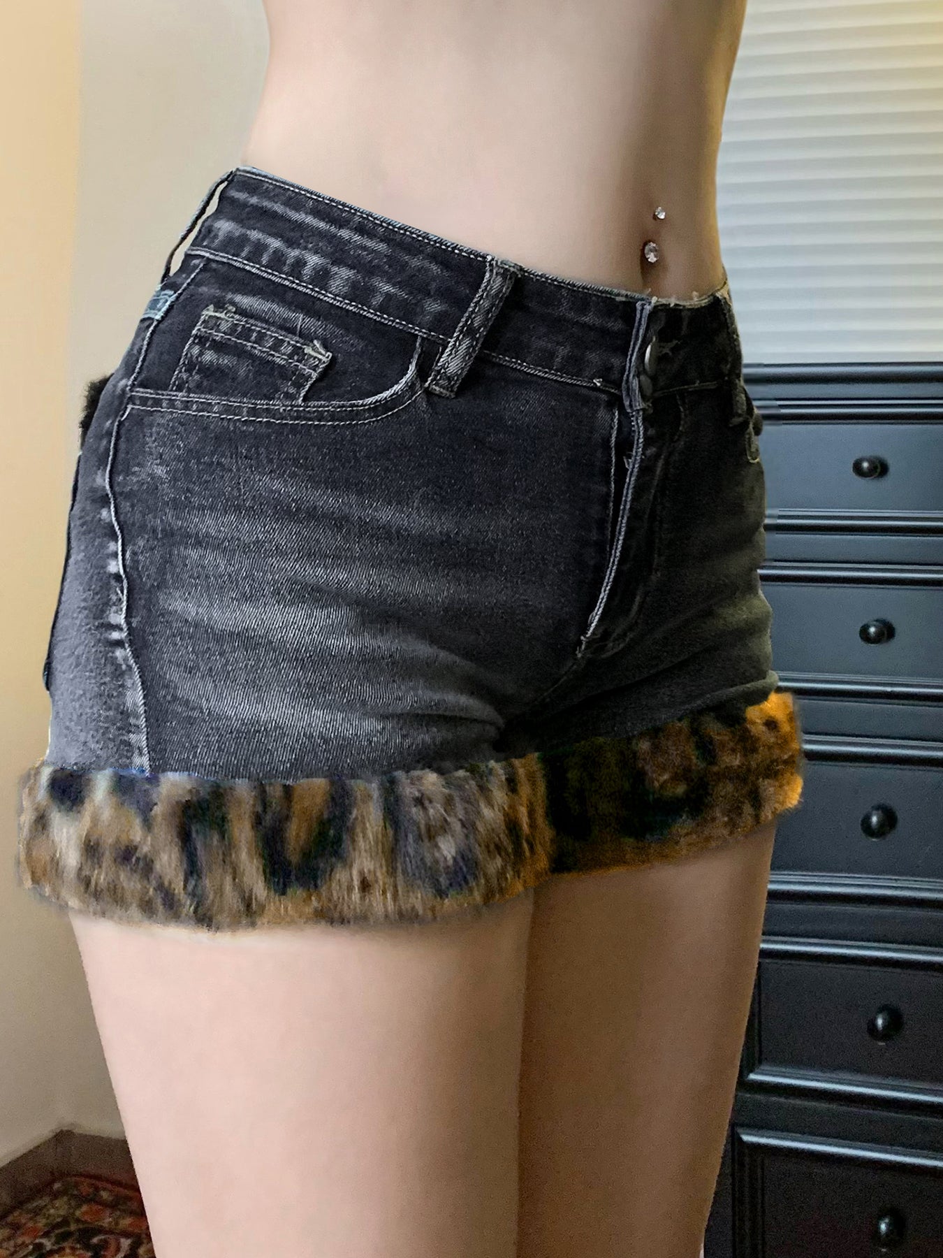 Hnewly - summer inspo Fashion Y2k Leopard Faux Fur Spliced Jean Shorts Women Chic Trendy Street Shorts Retro Exquisite