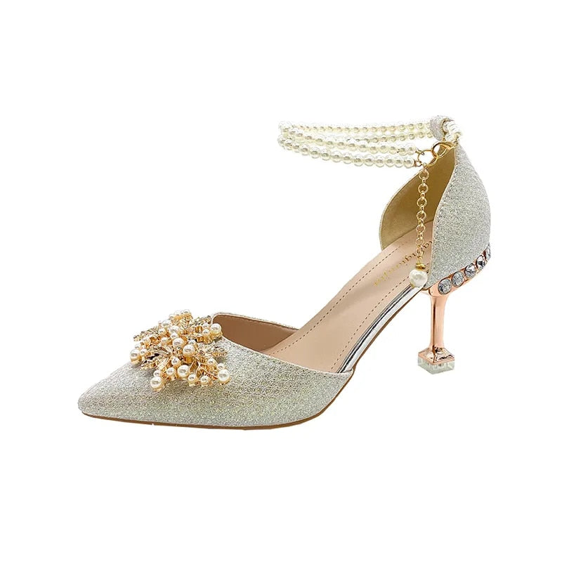 Hnewly Ladies Shoes on Sale New Fashion Pointed Metal Beaded Solid Women's High Heels Summer Leisure Banquet Women Wedding Pump