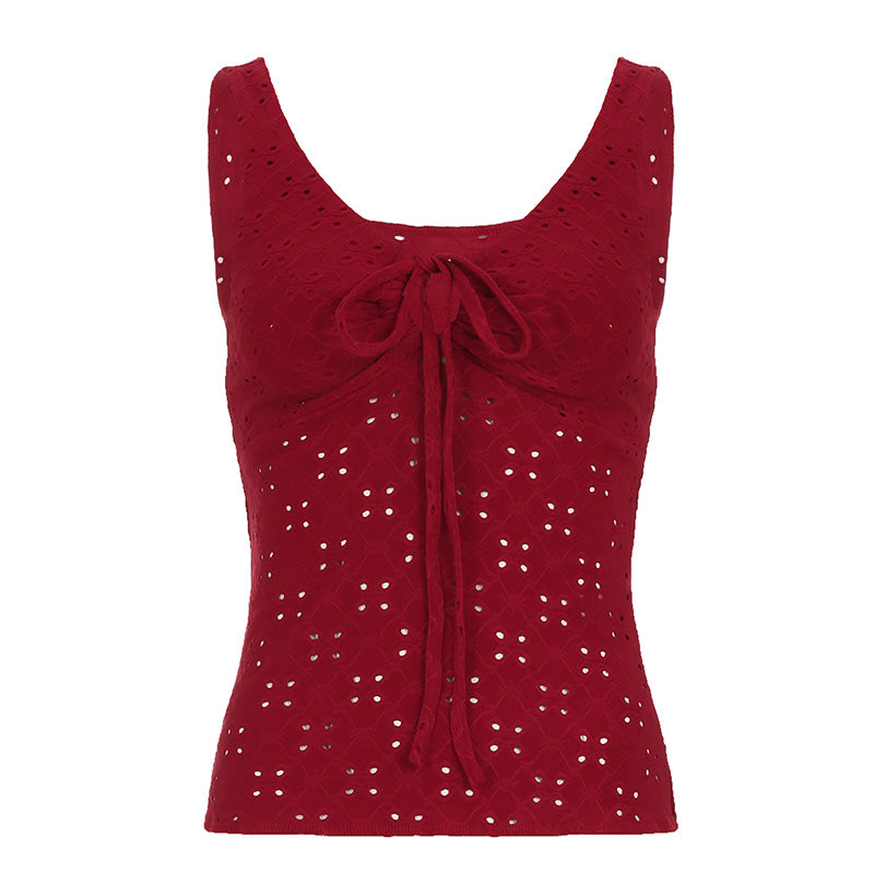 Hnewly - summer inspo Christmas Red Lace Up Cut Out Women’s Tanks Sleeveless Design V-Neck Backless Exquisite Blouses