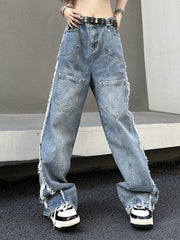 Hnewly - Vintage Multi Pocket Side Raw Trim Cargo Jeans ddbos-shop