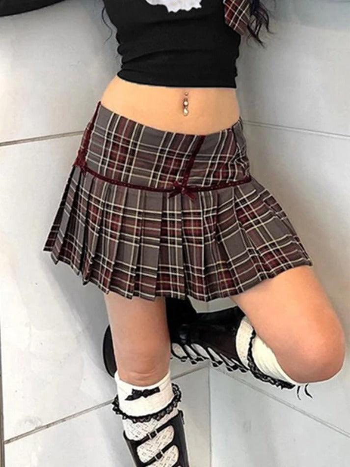 Hnewly - Vintage Plaid Print Bow Decor Pleated Low Rise Mini Skirt ddbos-shop