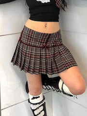 Hnewly - Vintage Plaid Print Bow Decor Pleated Low Rise Mini Skirt ddbos-shop