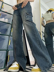hnewly - Vintage Wash Multi Pocket Zip Up Cargo Jeans HOT