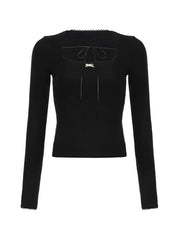 Hnewly Square Neck Bow Tie Up Long Sleeve Tee