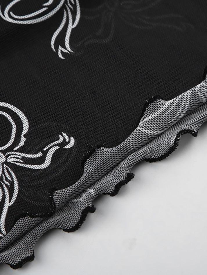 hnewly - Vintage Bow Print Mesh Midi Skirt hnewly