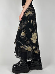 Hnewly - summer inspo Floral Print Two Layers Mesh Long Skirts For Women Vintage Elagant Fashion Low Waist Y2K Mermaid Skirt Vacation