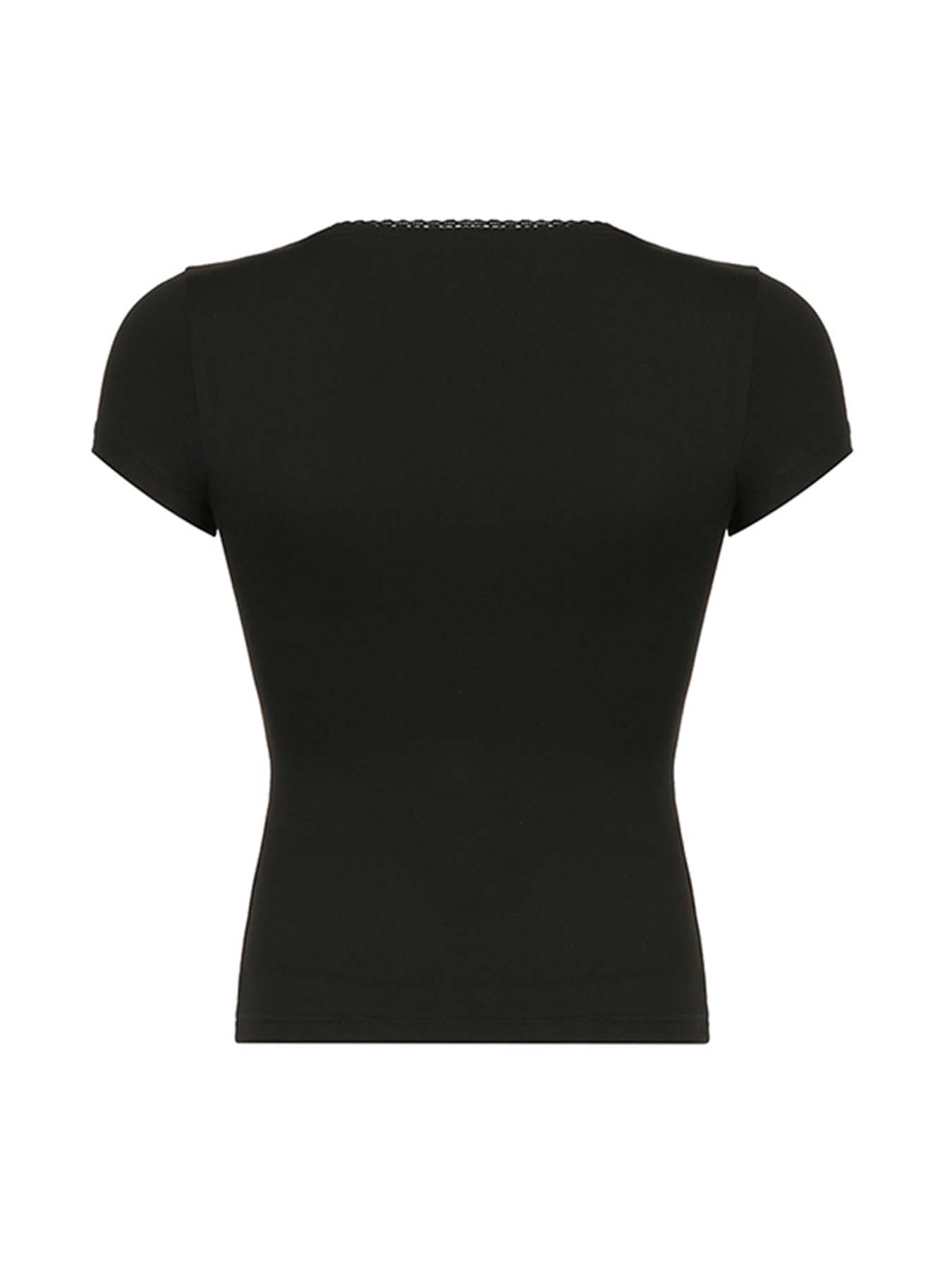 Hnewly - summer inspo Black Solid Slim Elegant Basic Short Sleeve Tees Lace Trim Cute Y2K V Neck White T Shirts Women Summer Streetwear Tops
