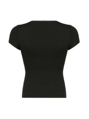 Hnewly - summer inspo Black Solid Slim Elegant Basic Short Sleeve Tees Lace Trim Cute Y2K V Neck White T Shirts Women Summer Streetwear Tops