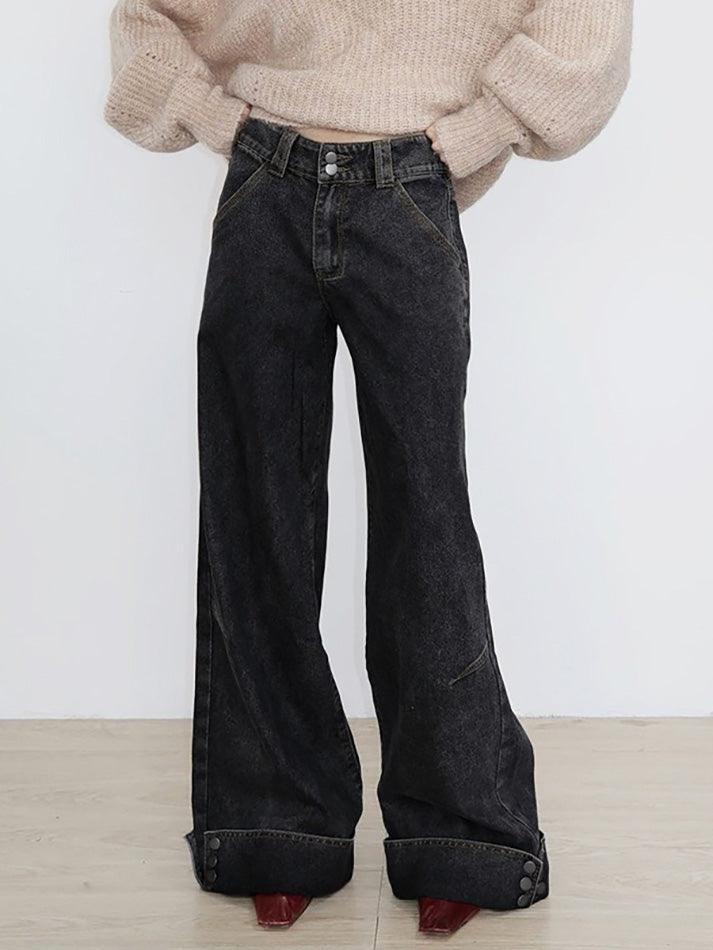 hnewly - Vintage Buttoned Hem Loose Low-Rise Jeans hnewly