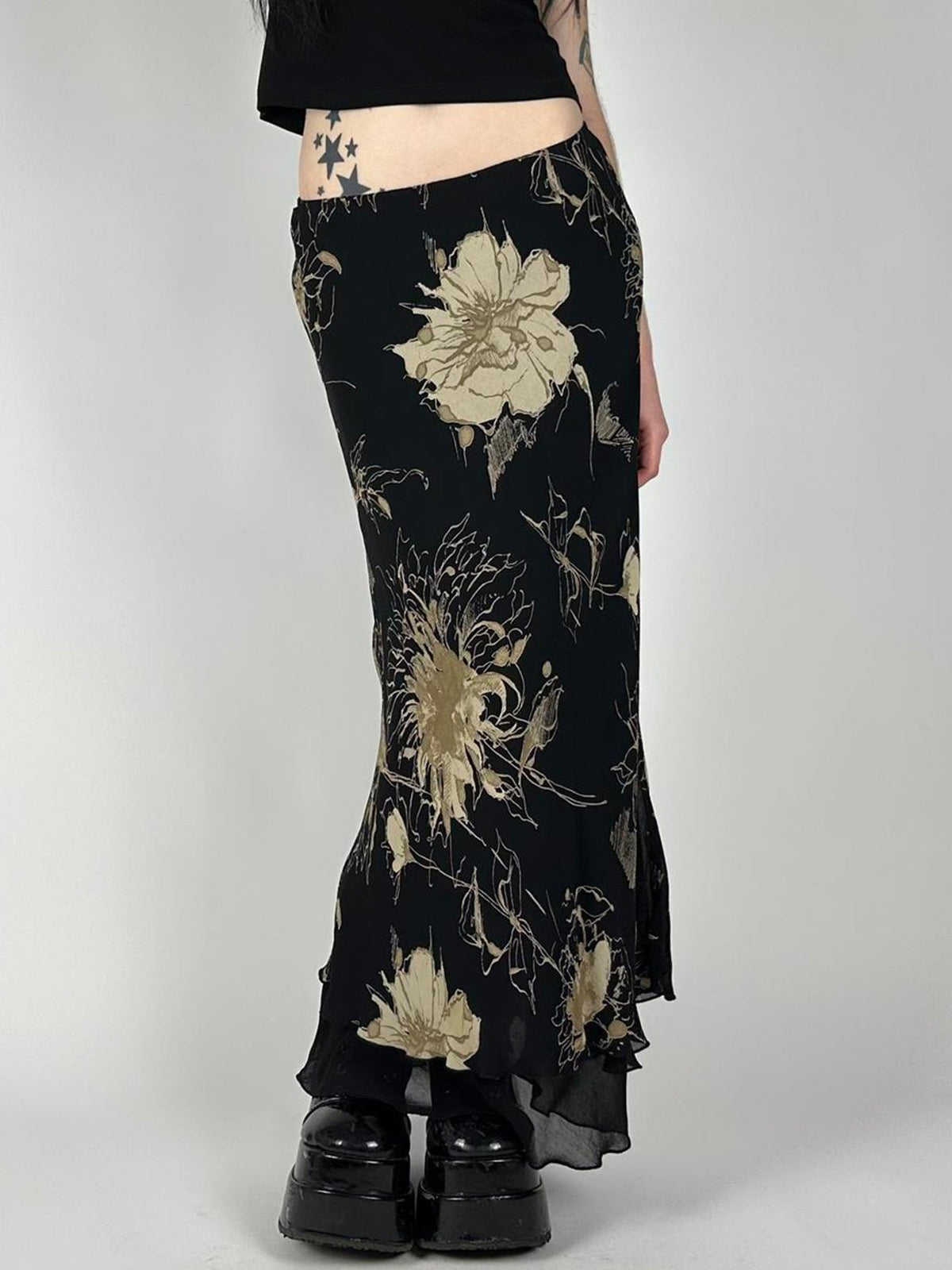 Hnewly - summer inspo Floral Print Two Layers Mesh Long Skirts For Women Vintage Elagant Fashion Low Waist Y2K Mermaid Skirt Vacation