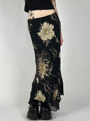 Hnewly - summer inspo Floral Print Two Layers Mesh Long Skirts For Women Vintage Elagant Fashion Low Waist Y2K Mermaid Skirt Vacation