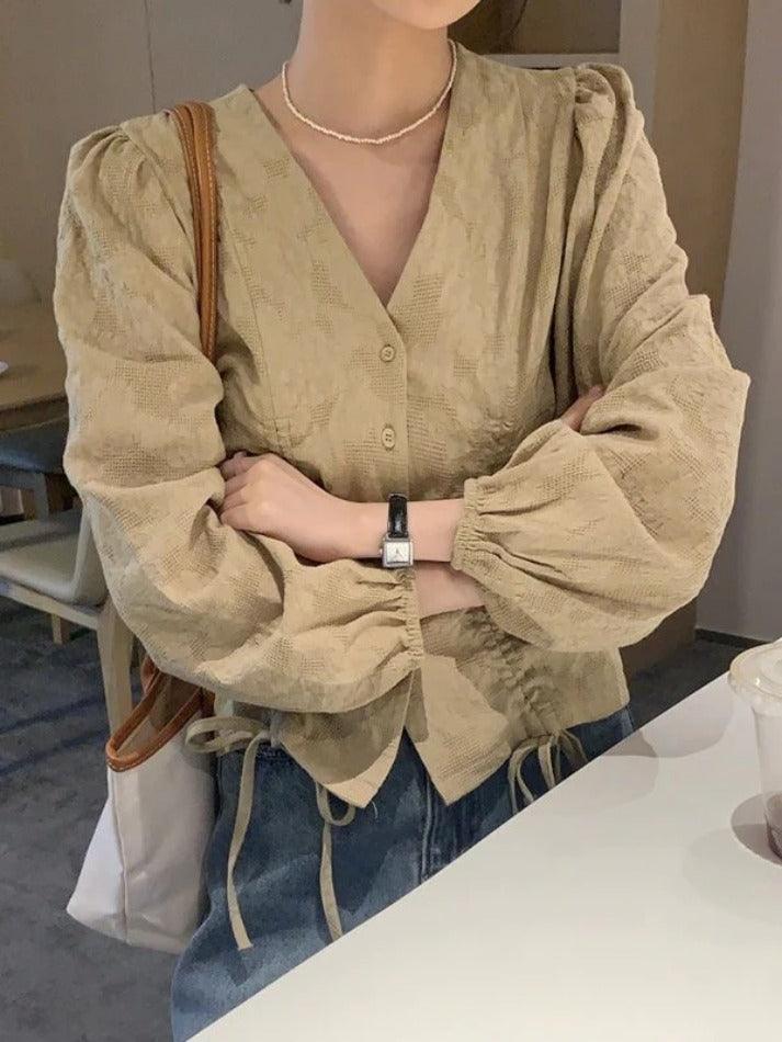 Hnewly Lace Up Button Front Long Sleeve Blouse