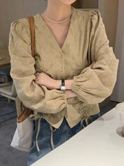 Hnewly Lace Up Button Front Long Sleeve Blouse