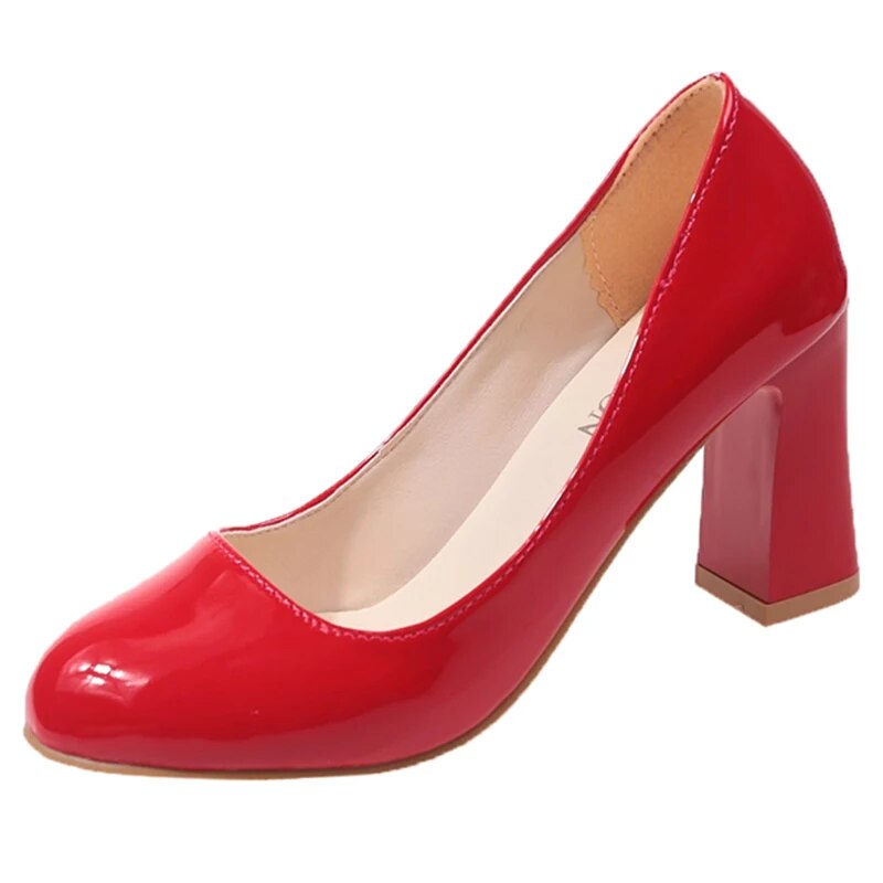 Hnewly New Women's Square Heels Office Shoes Patent Leather High Heel Pumps Women Round Toe Slip-On Autumn Shoes for Female