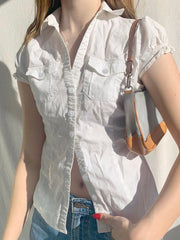 Hnewly - summer inspo Single Breasted Puff Sleeve White Shirts For Women Button Turn Down Collar Pockets Simple Casual Safari Style Tops
