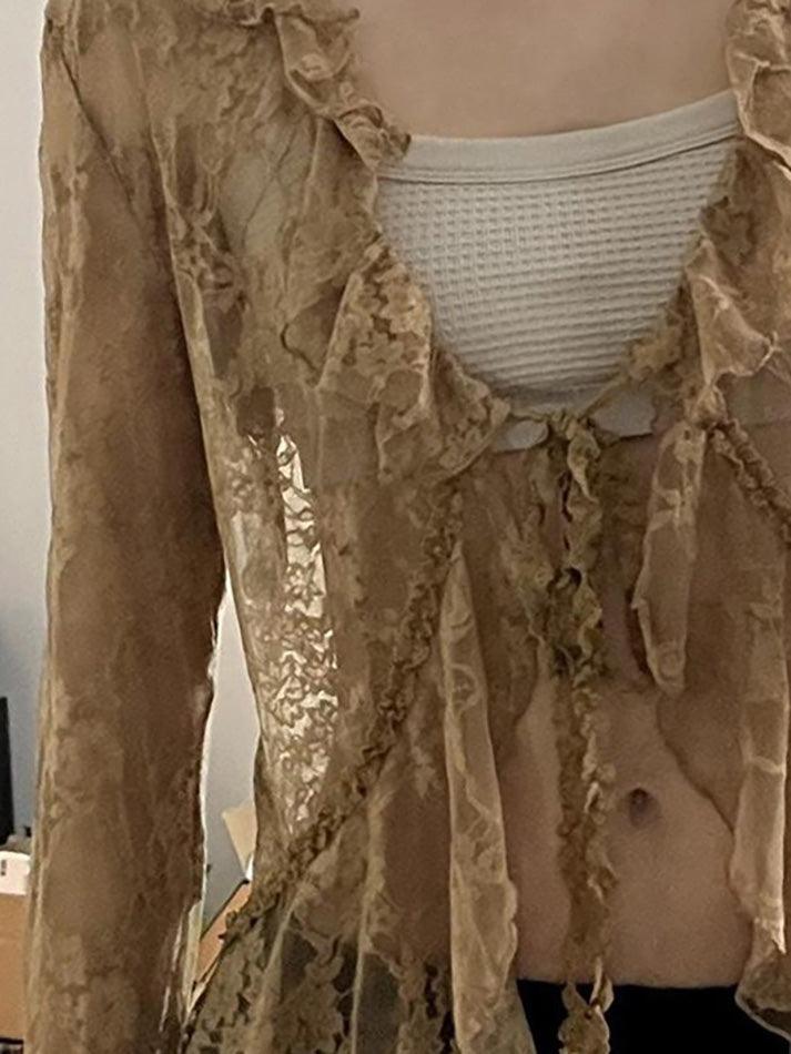 Hnewly Lace Front Tie Bell Long-Sleeve Blouse