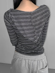 Hnewly - summer inspo Casual Striped Breasted Long Sleeve Hooded T-Shirts Women Design Slim Fit Simple Fashion Blouses