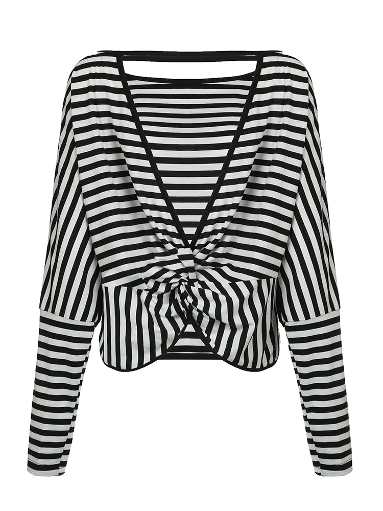 Hnewly - summer inspo Twist Backless Loose Casual Stripe Long Sleeve T Shirt Women Contrast Binding O Neck Minimalist Pullover Tops