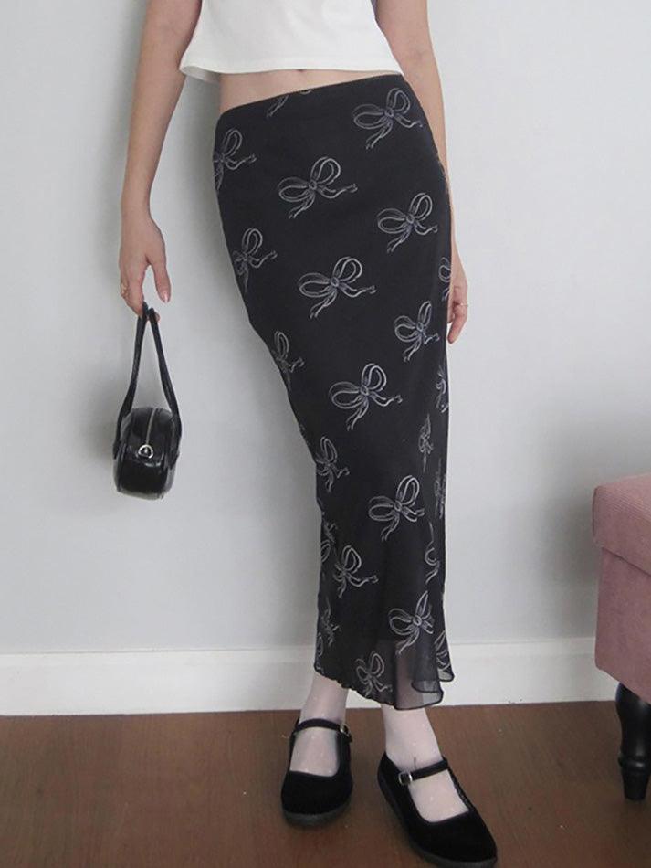 hnewly - Vintage Bow Print Mesh Midi Skirt hnewly