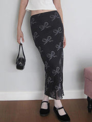 hnewly - Vintage Bow Print Mesh Midi Skirt hnewly