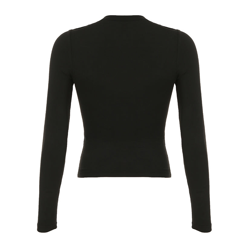Hnewly - summer inspo Darkly Punk Cothic Women Long Sleeve T-Shirt Patchwork Chic Fabric Cut Out O-Neck Top Tees Slim Sexy Solid Tops