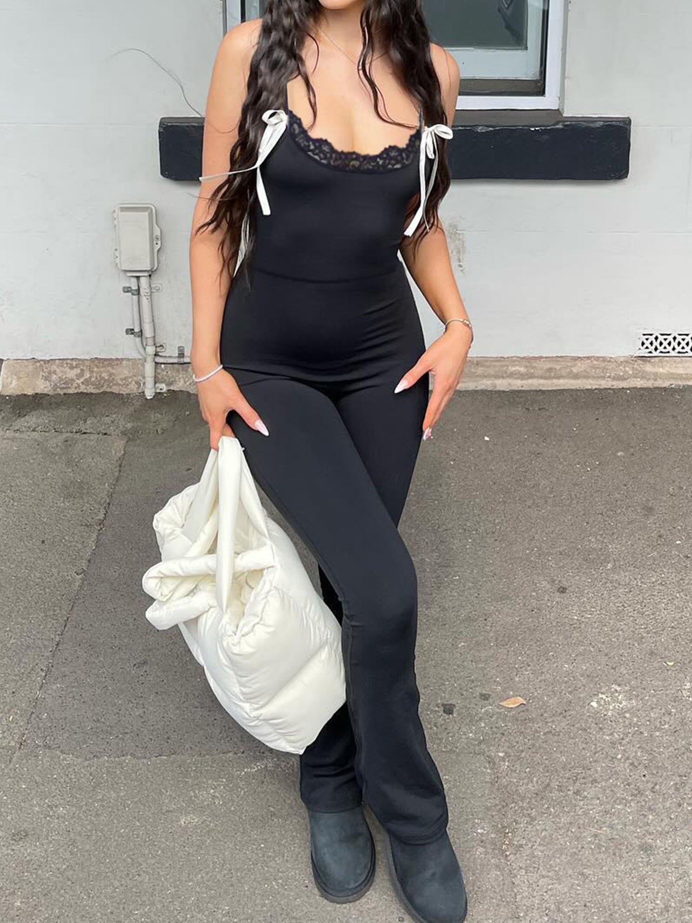 Hnewly - summer inspo Black Solid Sleeveless Skinny Sexy Flared Jumpsuits Women Lace Trim Tie Bow Cute Sweet Y2K Slip Rompers