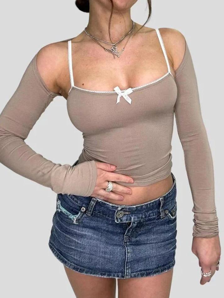 Hnewly Solid Lace Trim Cami Smock Two Piece Long Sleeve Tee
