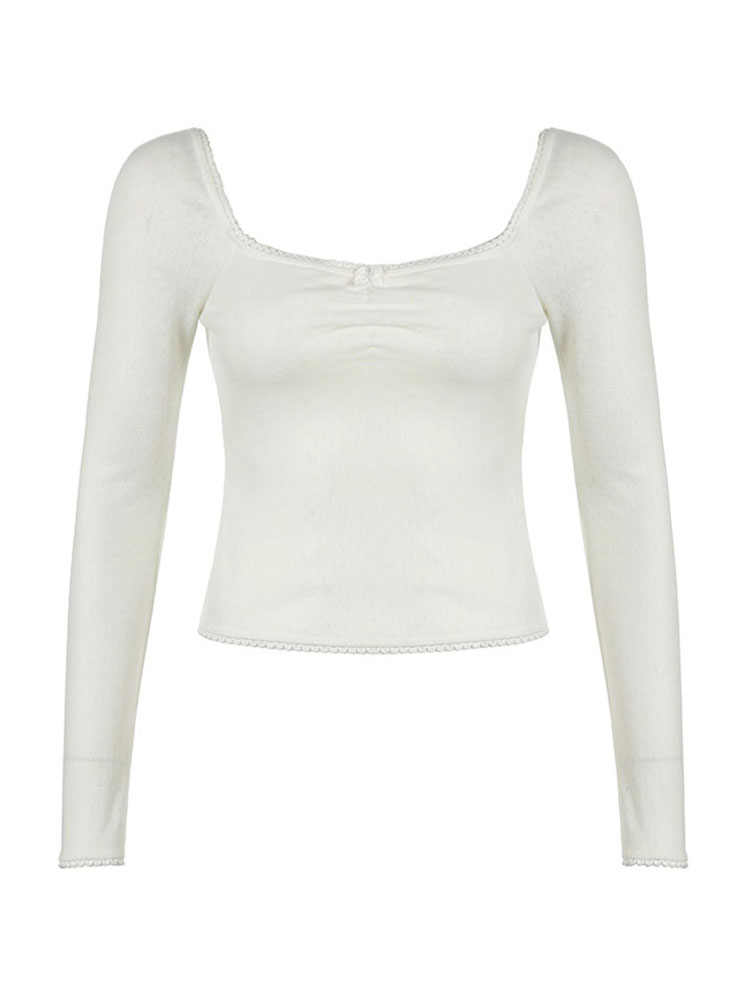 Hnewly - summer inspo Korean Fashion Shirring Bow Square Collar Slim Long Sleeve Black T Shirt Women White Solid Basic Cute Japanese Top Tee
