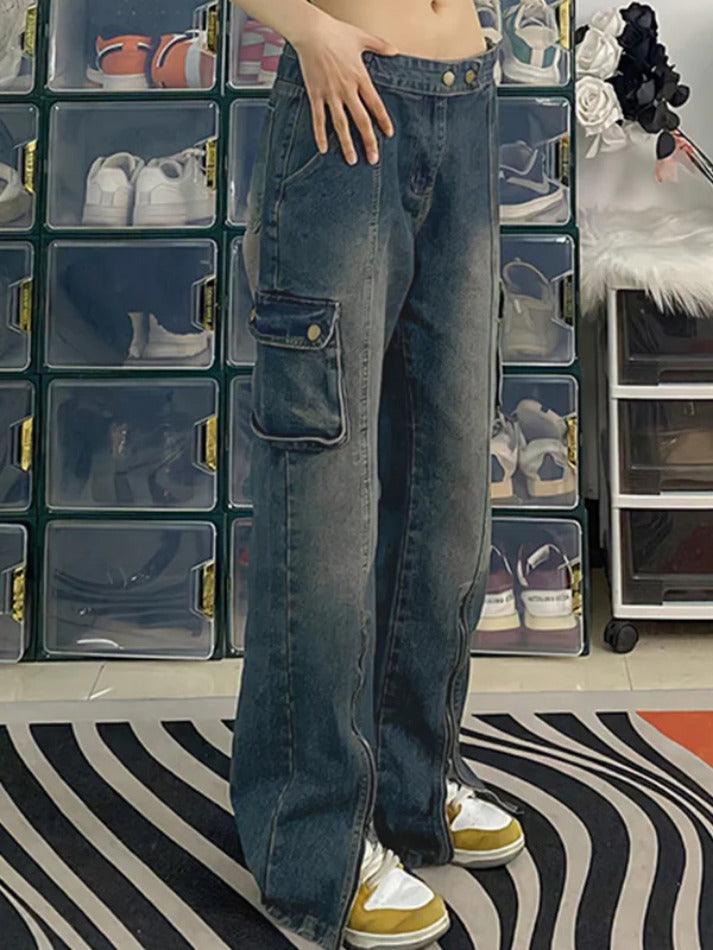hnewly - Vintage Wash Multi Pocket Zip Up Cargo Jeans HOT