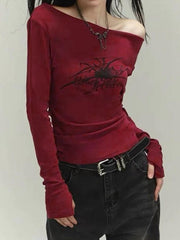 Hnewly Off Shoulder Graphic Print Slim Long Sleeve Tee