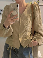 Hnewly Lace Up Button Front Long Sleeve Blouse
