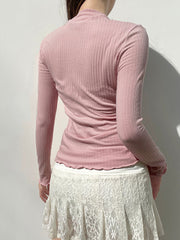 Hnewly - Japanese Kawaii Sweet Pink Knitted Ribbed Tee Contrast Lace Tie Bow Square Collar Long Sleeve Basic Spring Autumn T Shirt Women