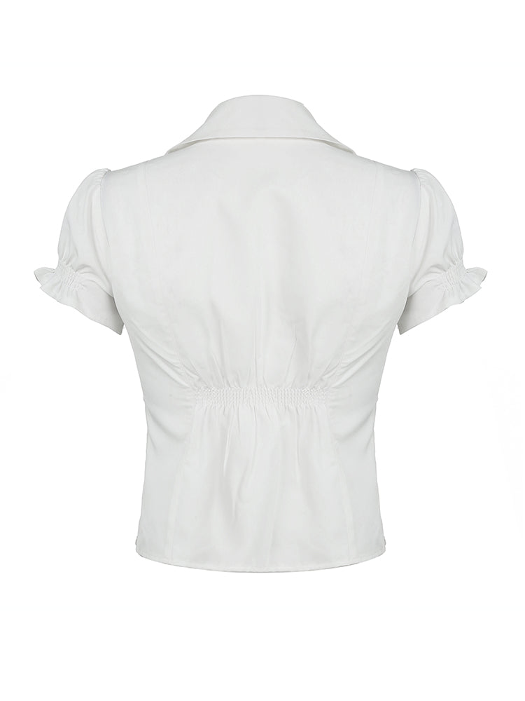Hnewly - summer inspo Single Breasted Puff Sleeve White Shirts For Women Button Turn Down Collar Pockets Simple Casual Safari Style Tops