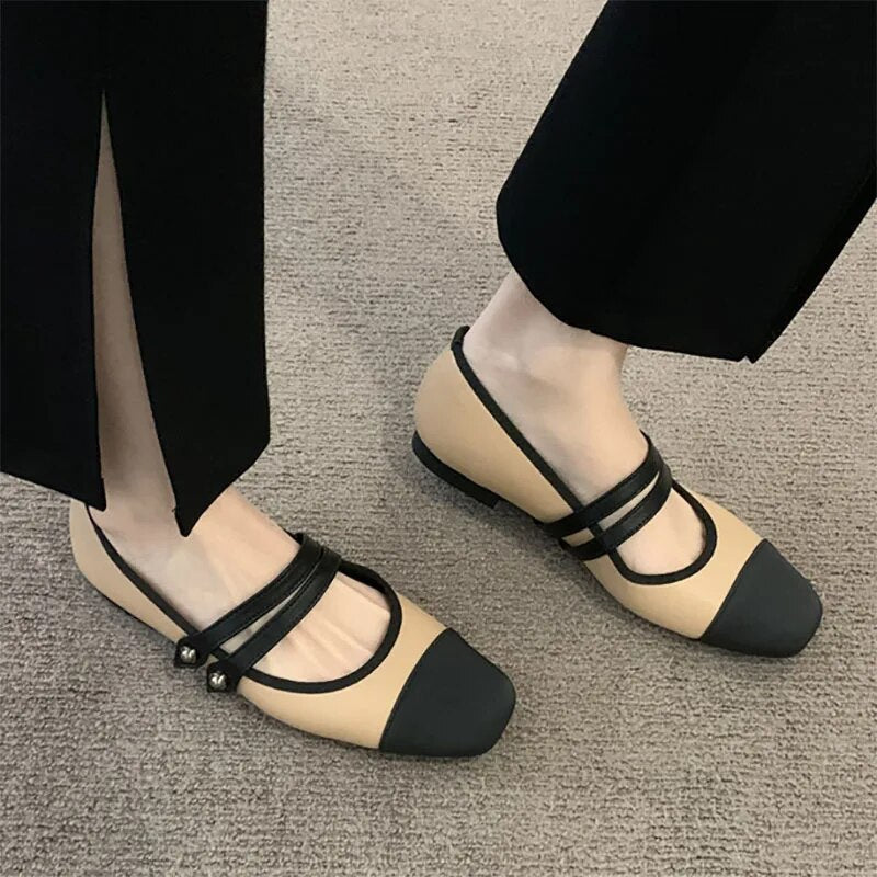 Hnewly New Women's Flats Patchwork Double Buckle Mary Janes Shoes Black Toe Leather Shoes For Female Spring Autumn Zapatos Mujer