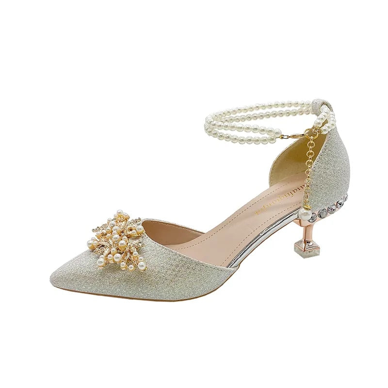 Hnewly Ladies Shoes on Sale New Fashion Pointed Metal Beaded Solid Women's High Heels Summer Leisure Banquet Women Wedding Pump