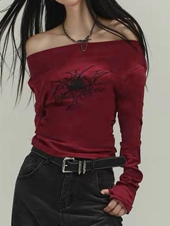 Hnewly Off Shoulder Graphic Print Slim Long Sleeve Tee